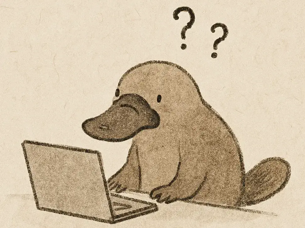 パソコンの前で悩むカモノハシのイラスト